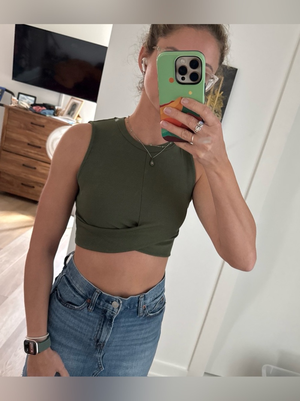 Cider Olive Ribbed Twist-Front Crop Tank
